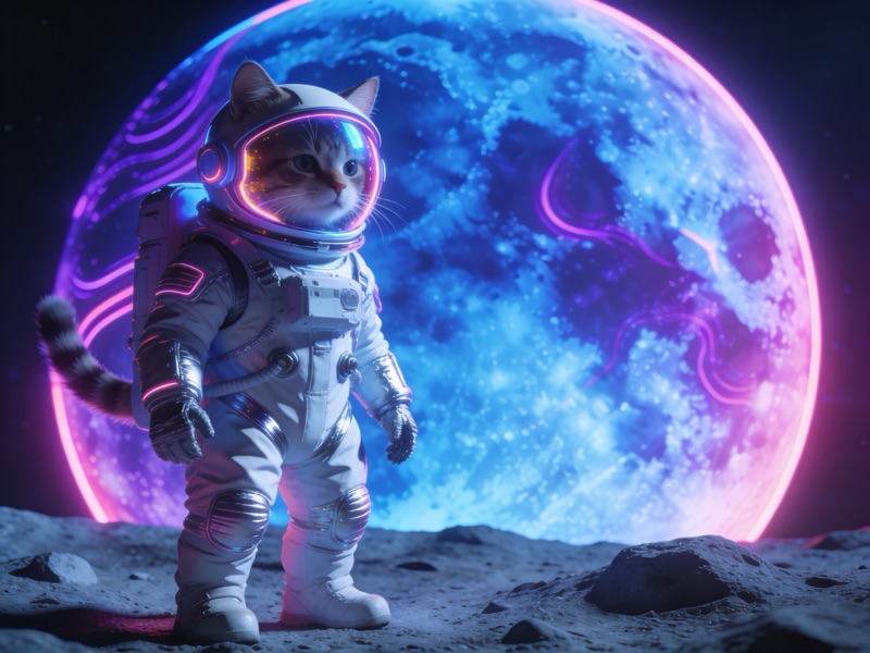 Кот-астронавт на фоне неоновой Луны, кинематографичный свет